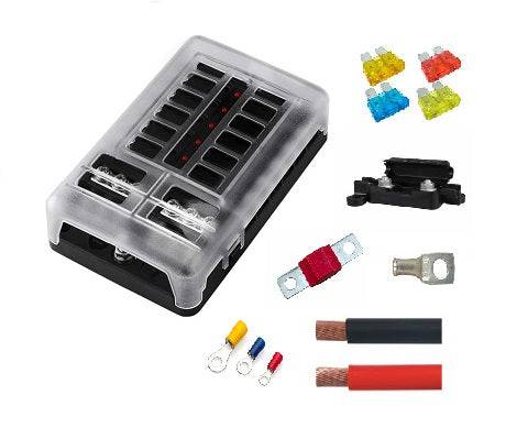 6 Way or 12 Way Blade Fuse box kit with Negative Bus Bar + 70amp Cable - Simply Split Charge