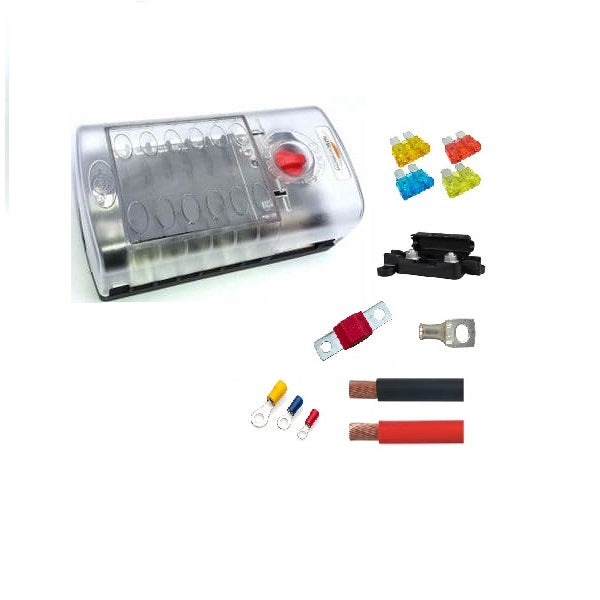 12 Way Blade Fuse Box + Negative Bus Bar with 16mm² 110amp Cable or Ready Made Leads