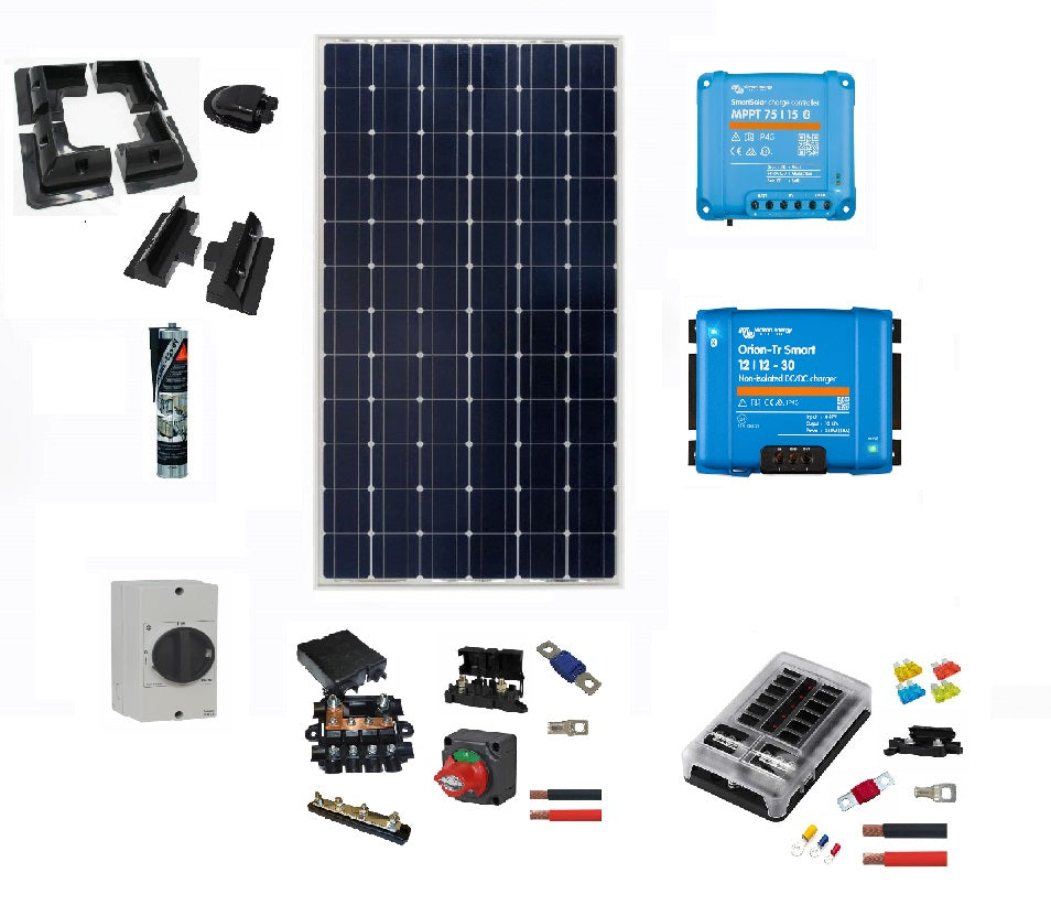 Campervan Electric Kit - Victron Non Isolated 30a DC-DC Charger, 175w Solid Frame Solar, Fuse Box, Battery Distribution