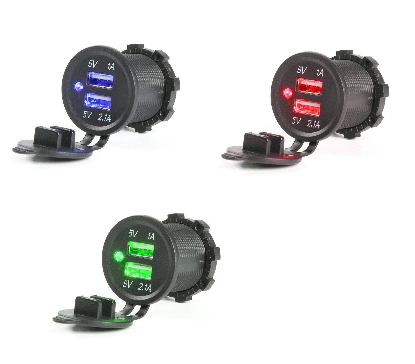 Black 12V/24V USB Socket with Blue, Red or Green LED - Simply Split Charge