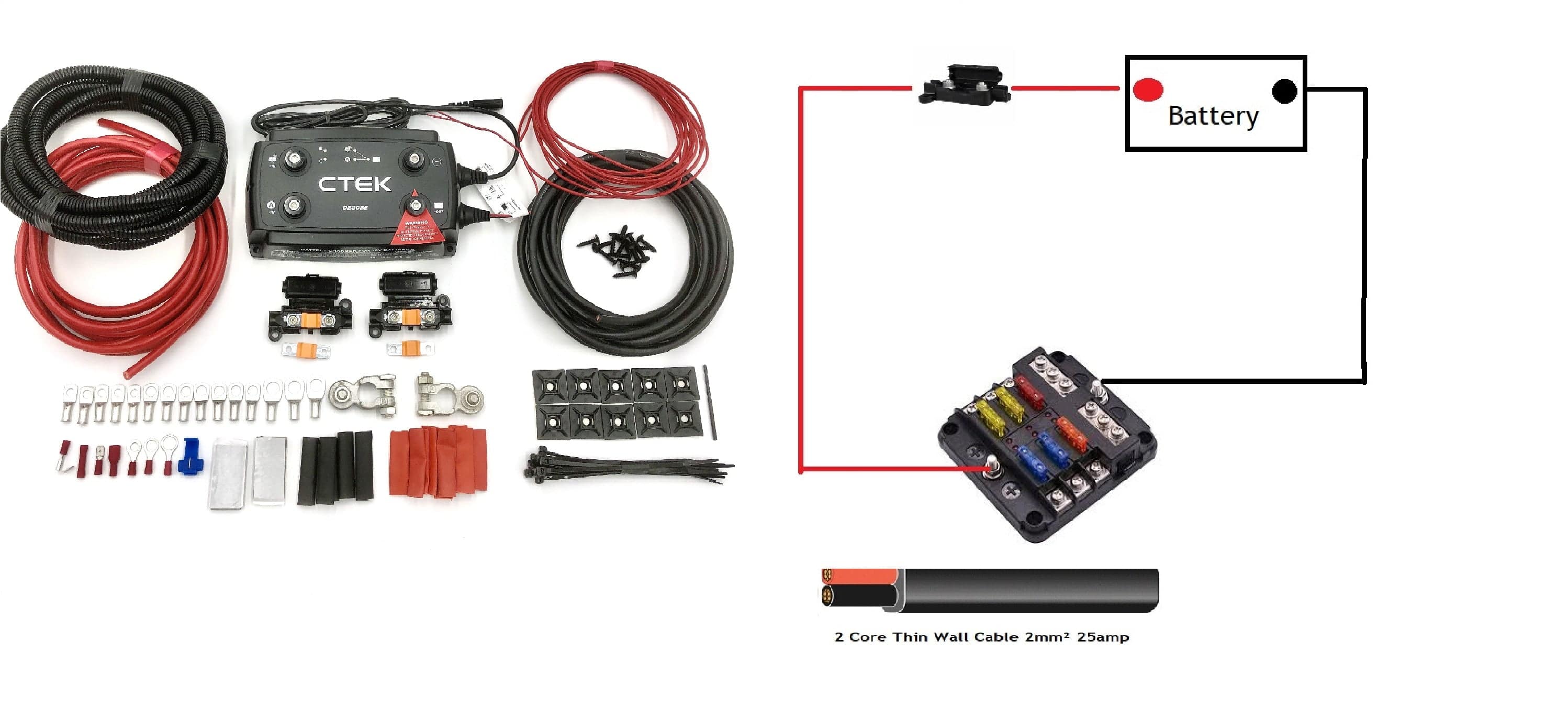 Campervan Wiring Kit with Ctek D250SE Battery to battery Charger + Fuse Box - Simply Split Charge