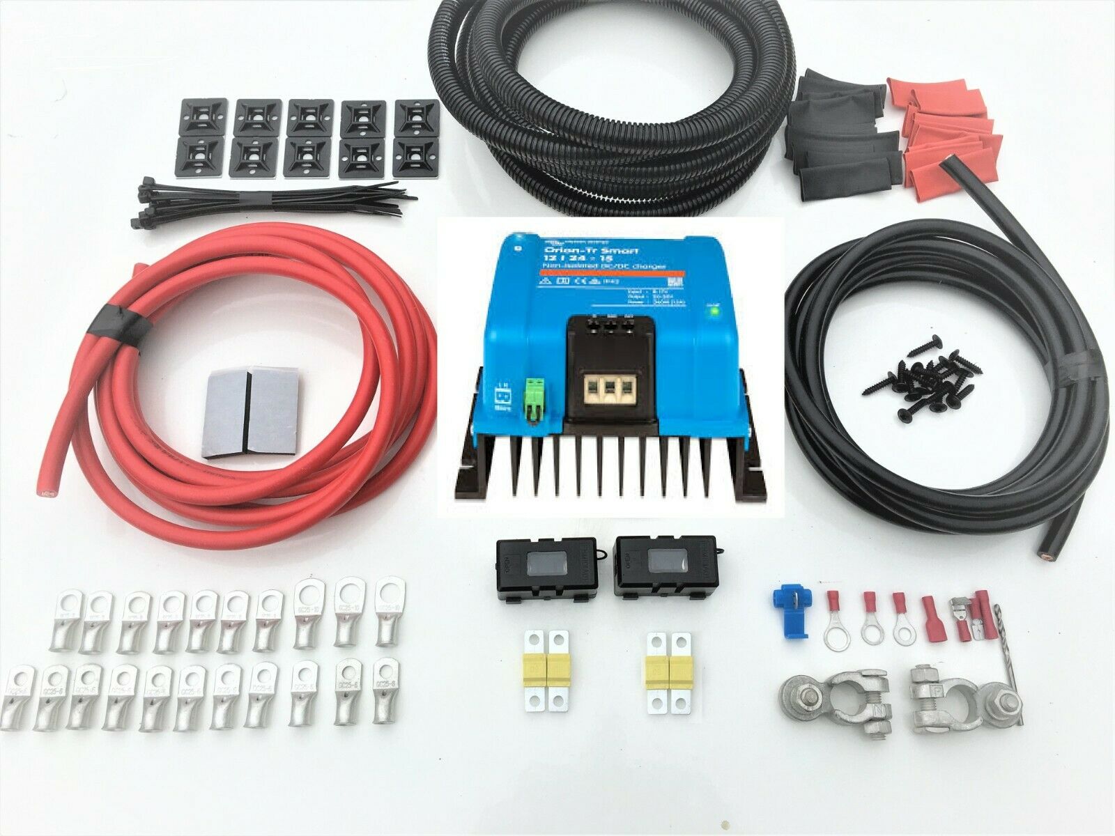 Campervan Electric Kit - Victron Non Isolated 30a DC-DC Charger, 175w Solid Frame Solar, Fuse Box, Battery Distribution