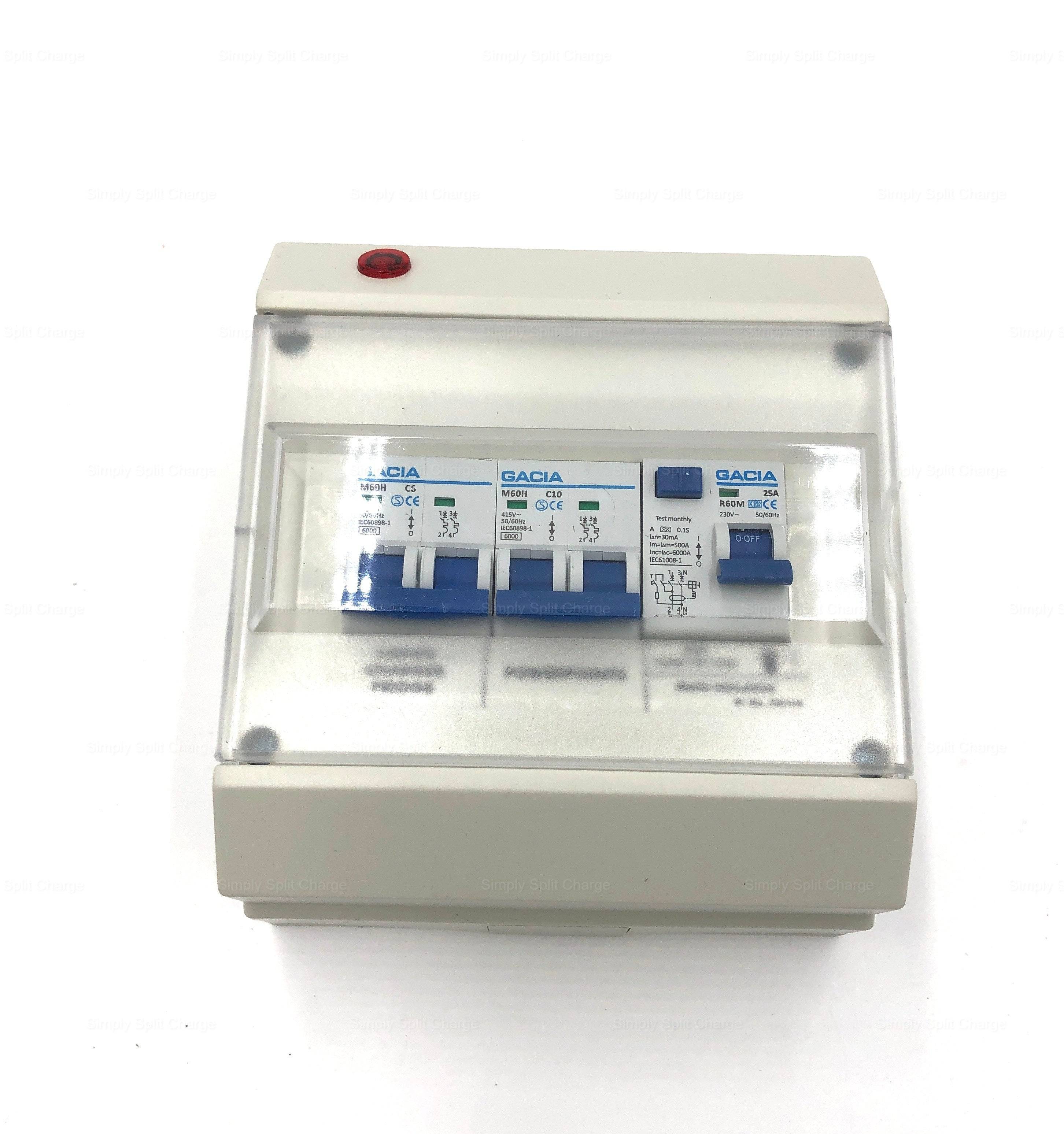 Mains 240v Consumer Unit RCD25A + 10A + 6A Double Pole MCB - Simply Split Charge