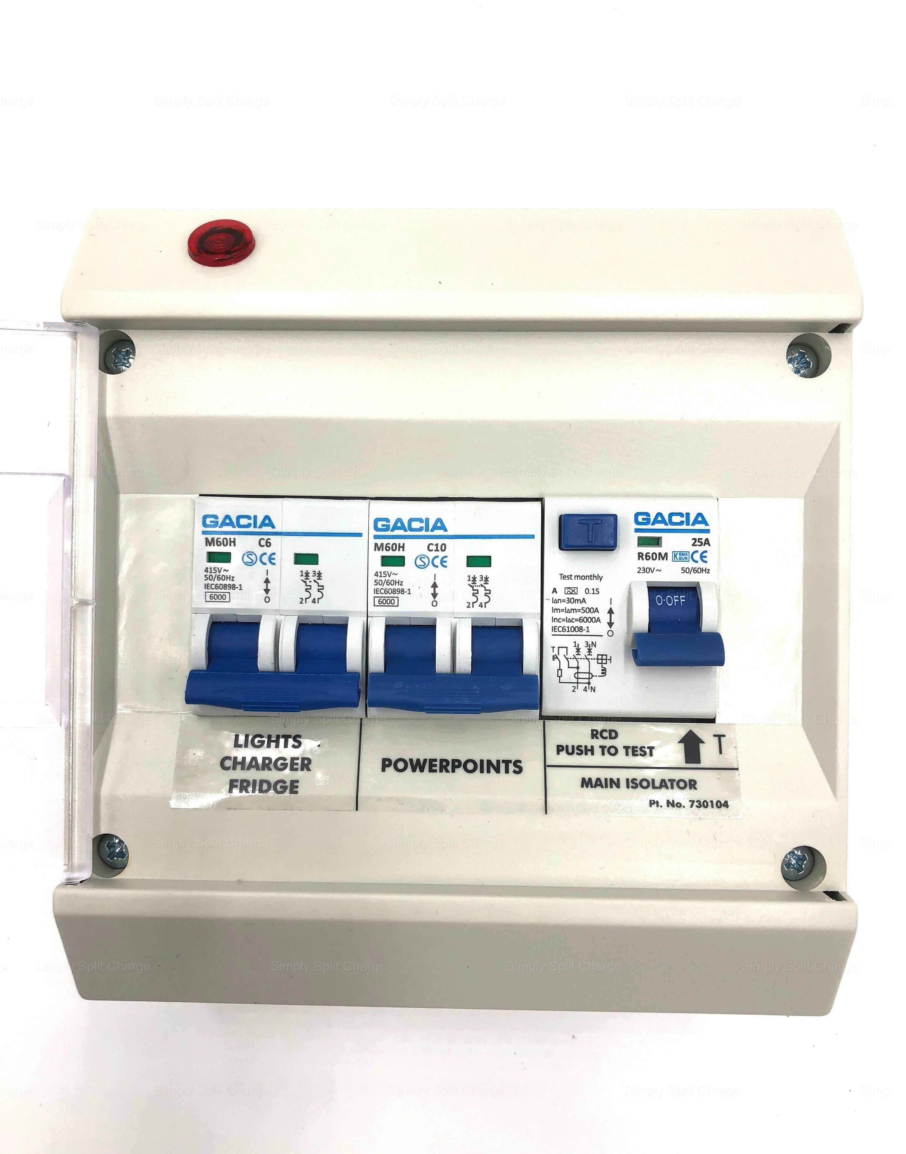 Mains 240v Consumer Unit RCD25A + 10A + 6A Double Pole MCB - Simply Split Charge